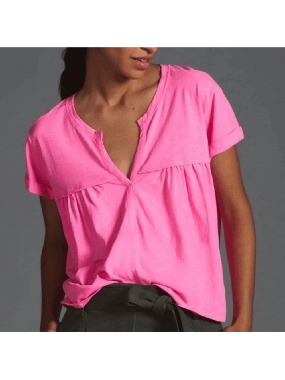 Anthropologie Pilcro Babydoll Henley Bright Pink Short-Sleeve Tee